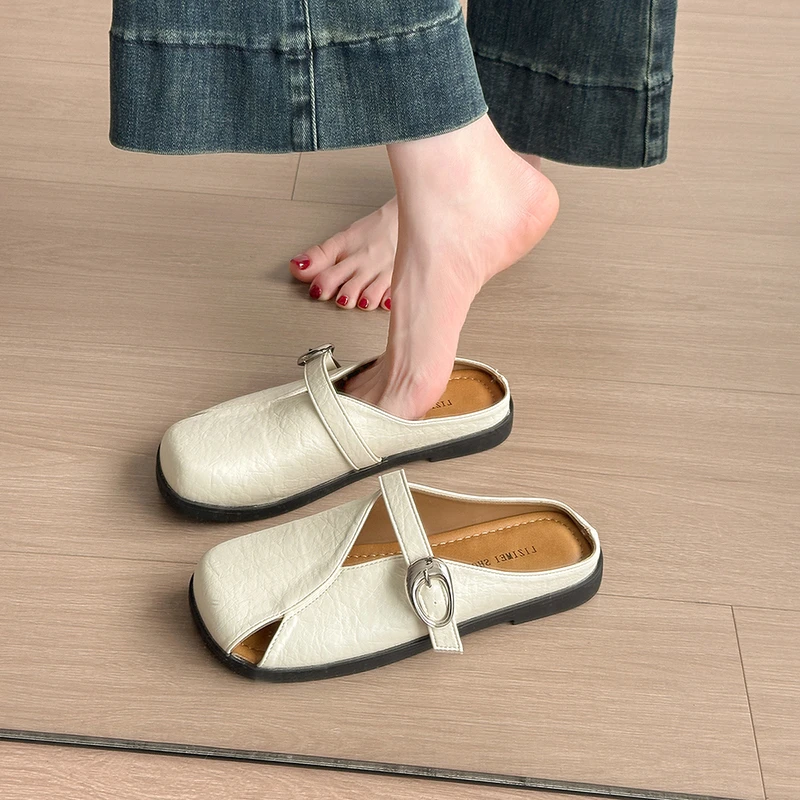 法式平底勃肯包头半拖鞋女夏外穿2025新款一脚蹬软底玛丽珍凉拖鞋