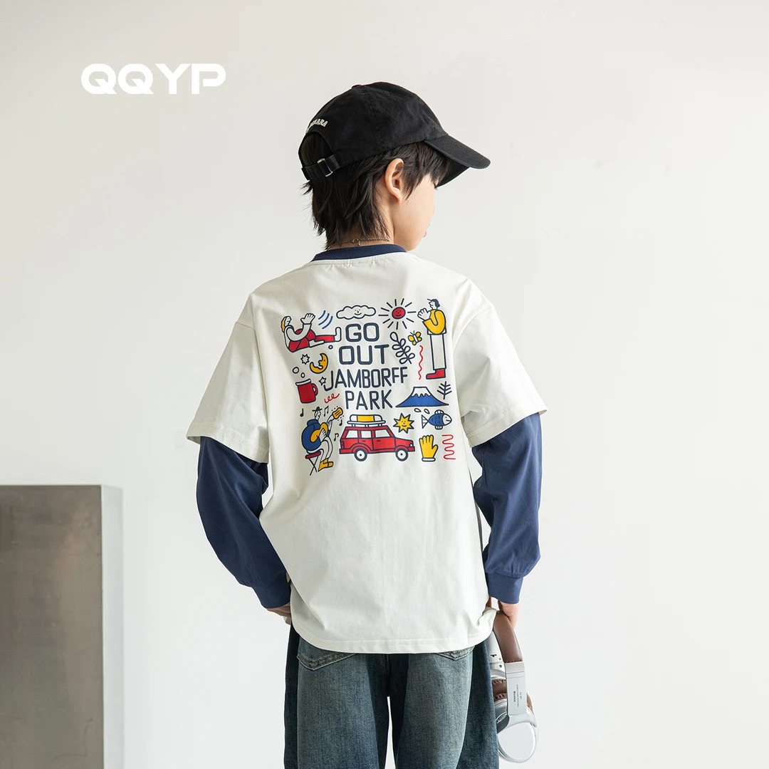 儿童长袖T恤2025秋装新款中大童假两件男童休闲打底衫