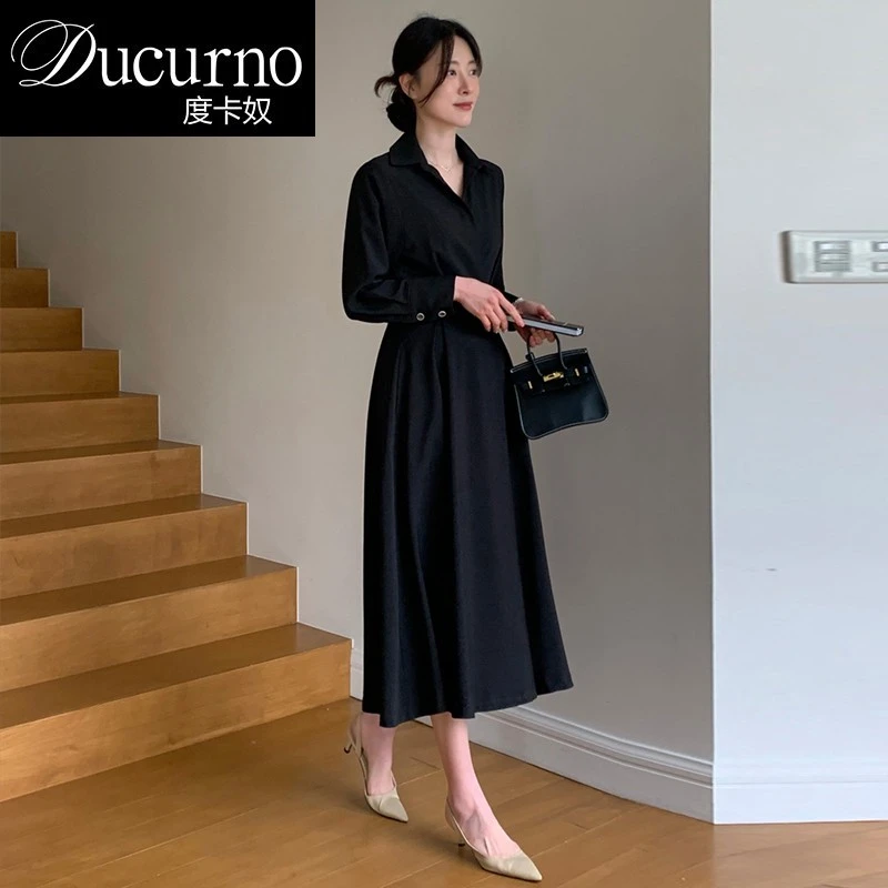 法式赫本风通勤翻领长袖洋装2025秋季设计感气质显瘦收腰a字长裙