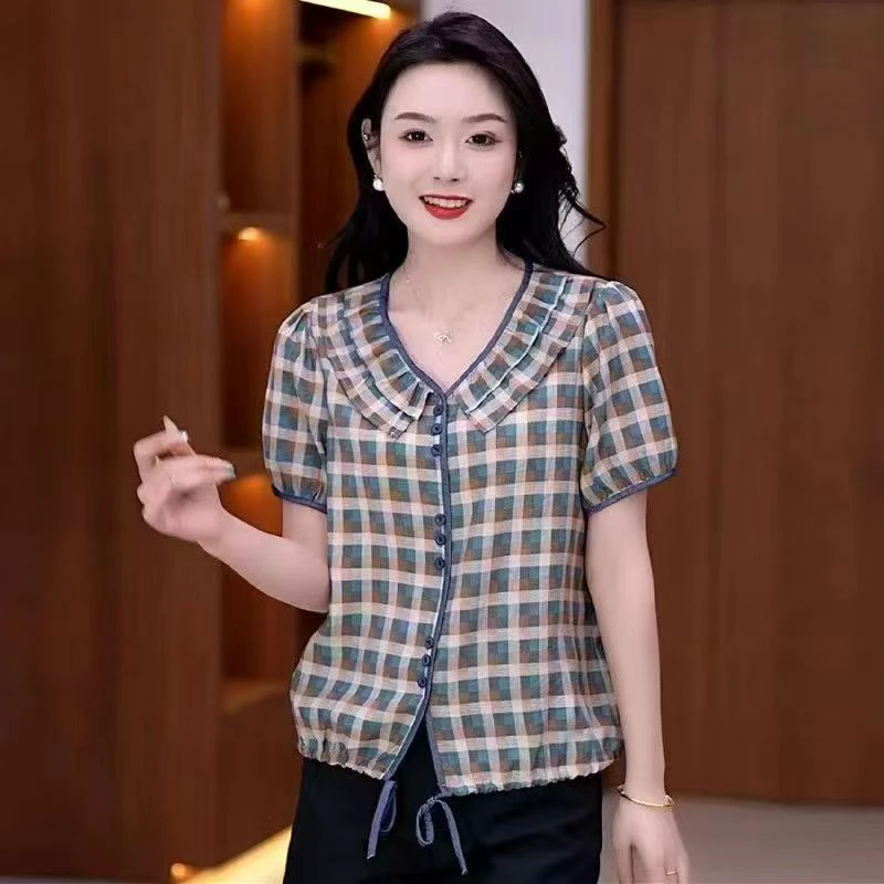 816#时尚格子衬衫女夏季新款小个子洋气显瘦减龄遮肚子娃娃领衬衣