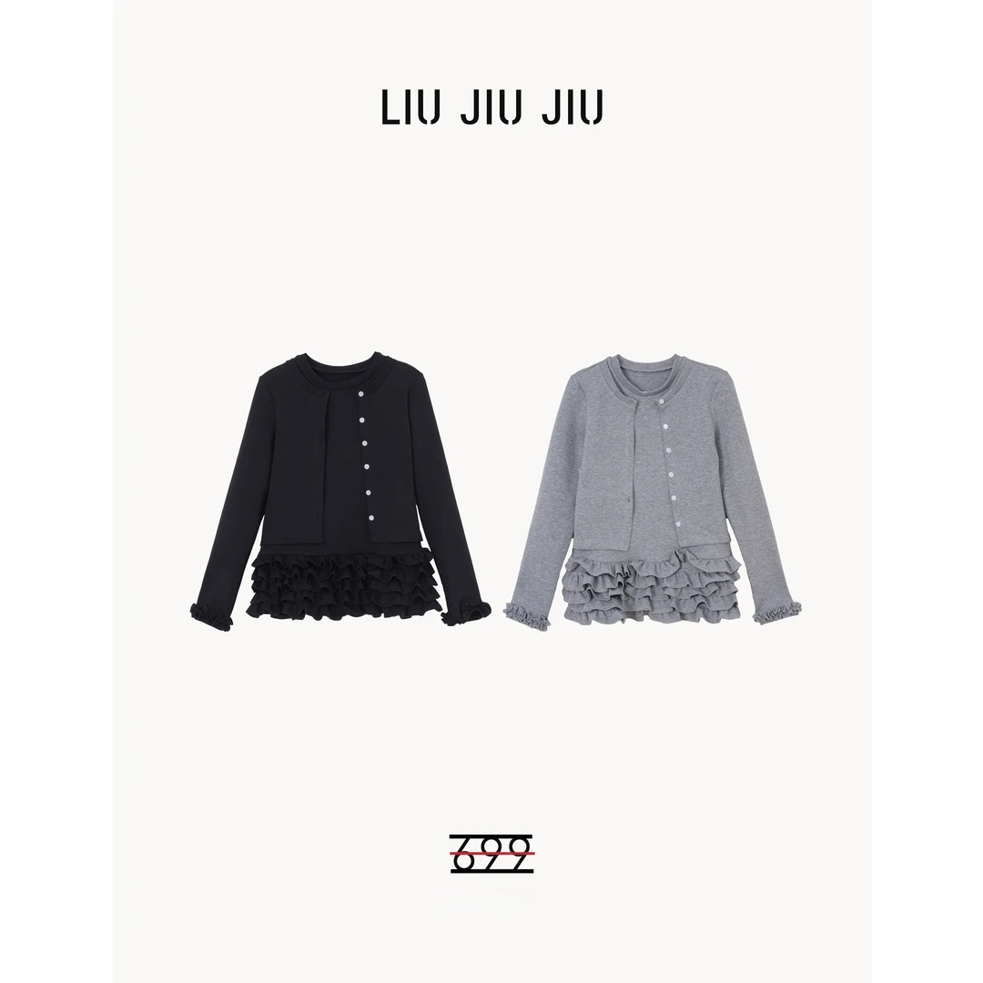 LIUJIUJIU 韩系时尚设计感假两件拼接下摆荷叶边百搭上衣SY3129L