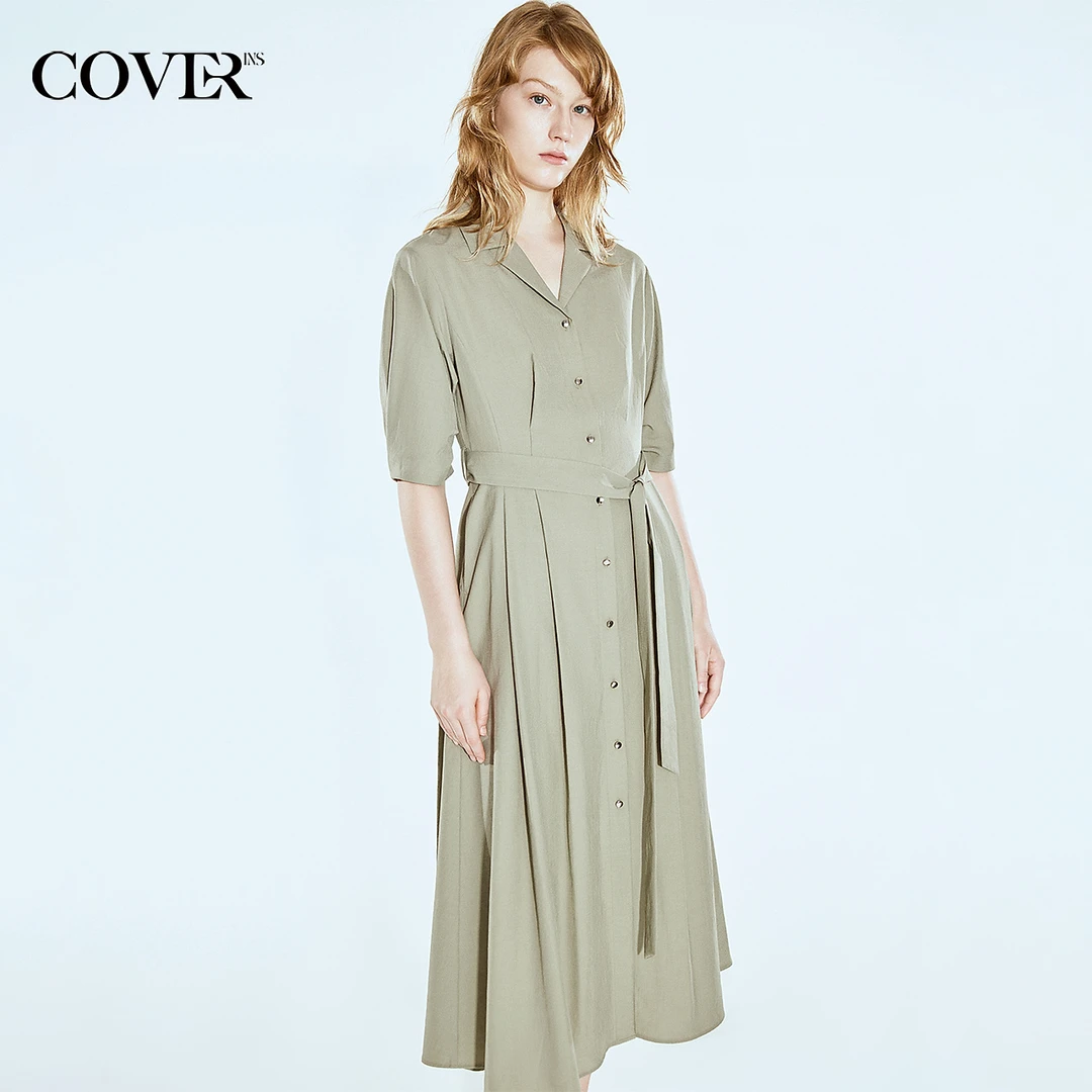 COVERINS2025夏季海藻绿哑光斜纹连衣裙