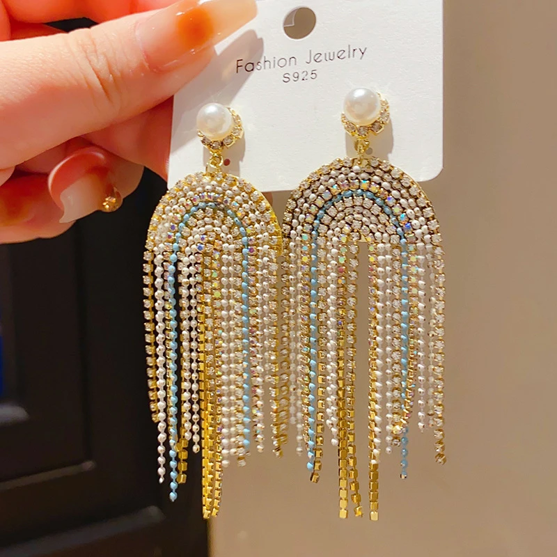 YL银针轻奢镶钻仿U形流苏耳环法式复古高级感精致小众时尚耳饰