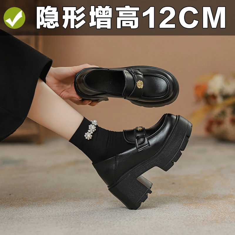 12cm小个子白色乐福鞋女款厚底小码323334英伦小皮鞋内增高超高跟