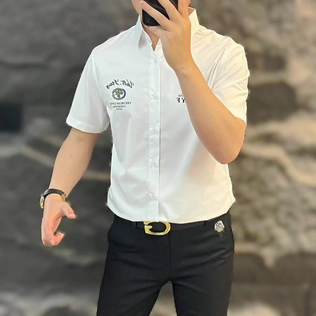 新款高端男士潮流百搭个性字母图案休闲短袖衬衫6899