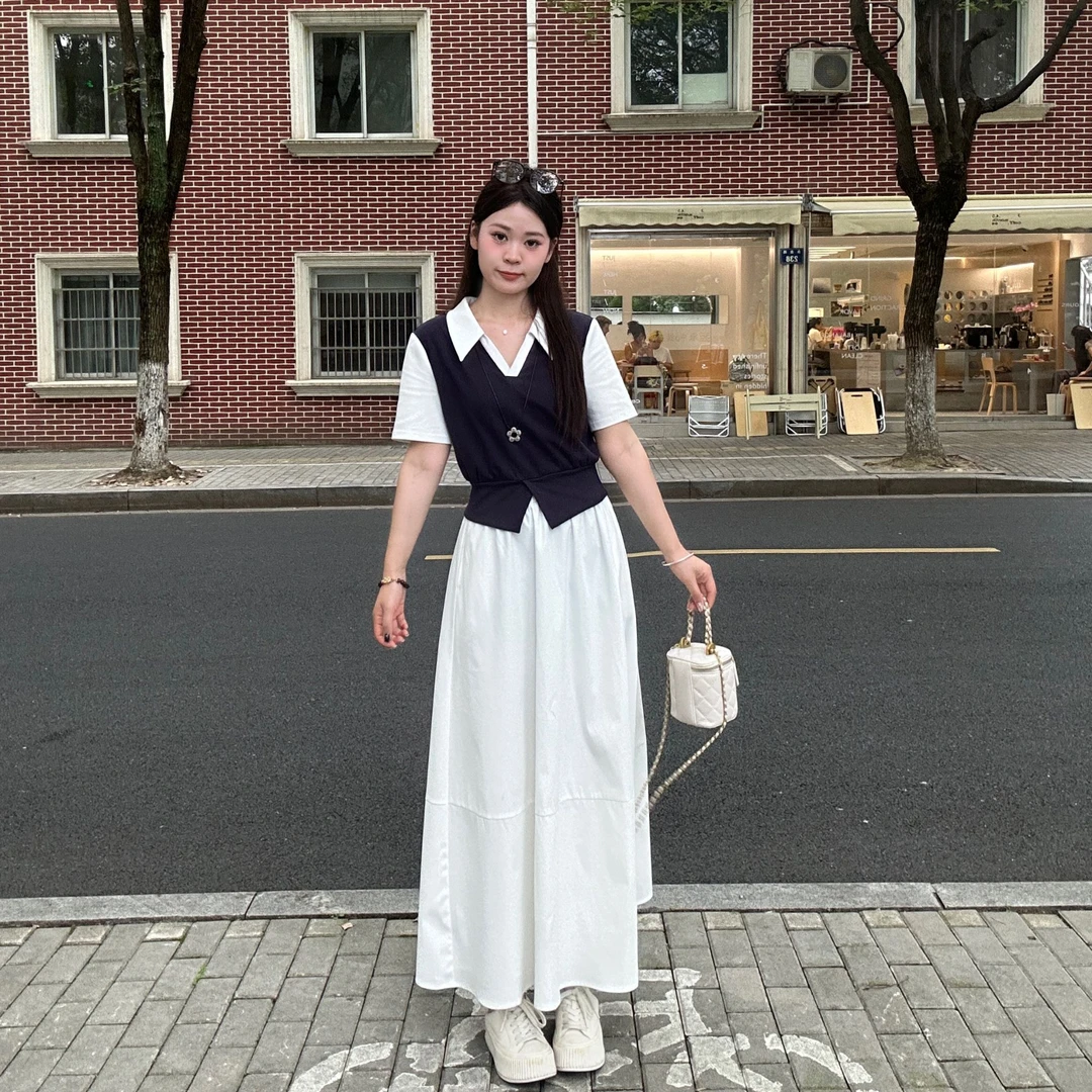 敏敏&南岛风大码撞色翻领拼接短袖上衣夏胖mm显瘦半裙套装ZZM99