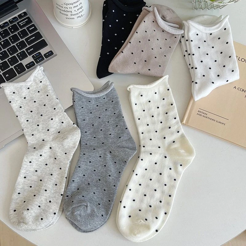 卷边波点袜子女春夏薄款棉质中筒袜日系小圆点ins风百搭堆堆袜