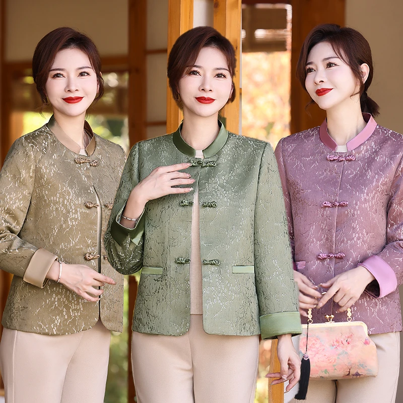 妈妈春秋新中式外套2025新款中老年春秋洋气小个子盘扣上衣女短款