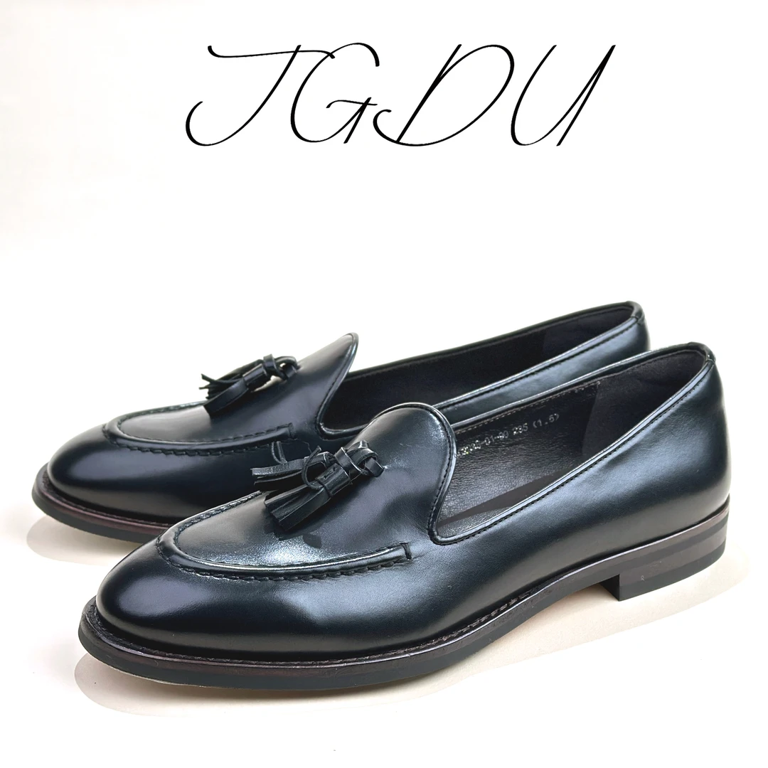 JGDU SS25复古英伦学院风Oxford流苏低跟黑色女士真皮浅口乐福鞋