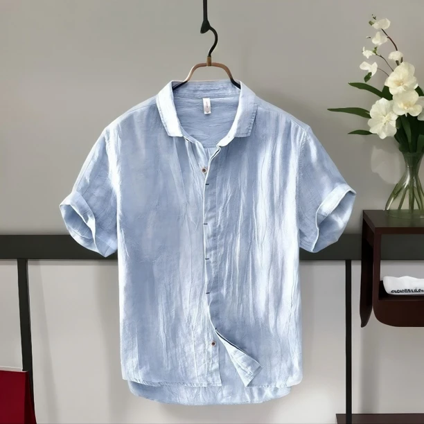 国风复古压皱短袖亚麻衬衫男士夏季休闲青年透气宽松半袖衬衣