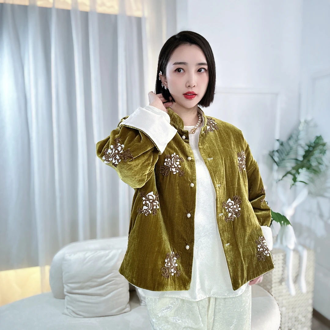 【双面双穿】新中式休闲桑蚕丝绣花时尚立领中国风丝棉棉服HF-4194