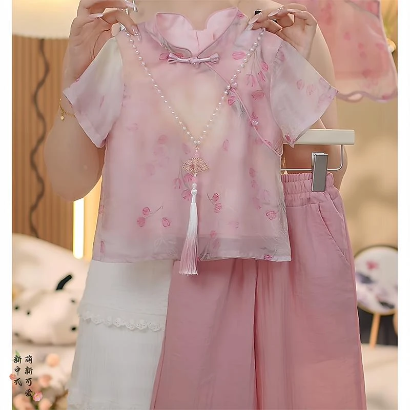 女童新中式短袖套装夏季2025新款国风碎花上衣超薄九分阔腿裤防蚊