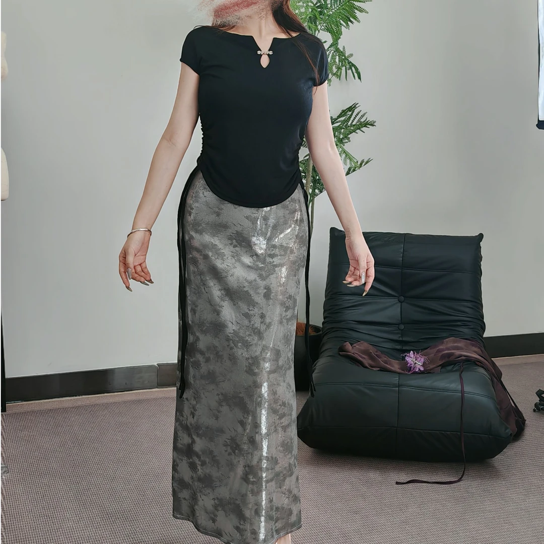 【素织境】长款高腰A字半身裙+新中式腰部褶皱短袖