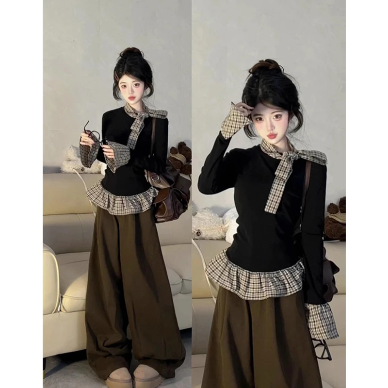 美式辣妹假两件拼接格纹长袖t恤女春秋修身设计感小众显瘦上衣服