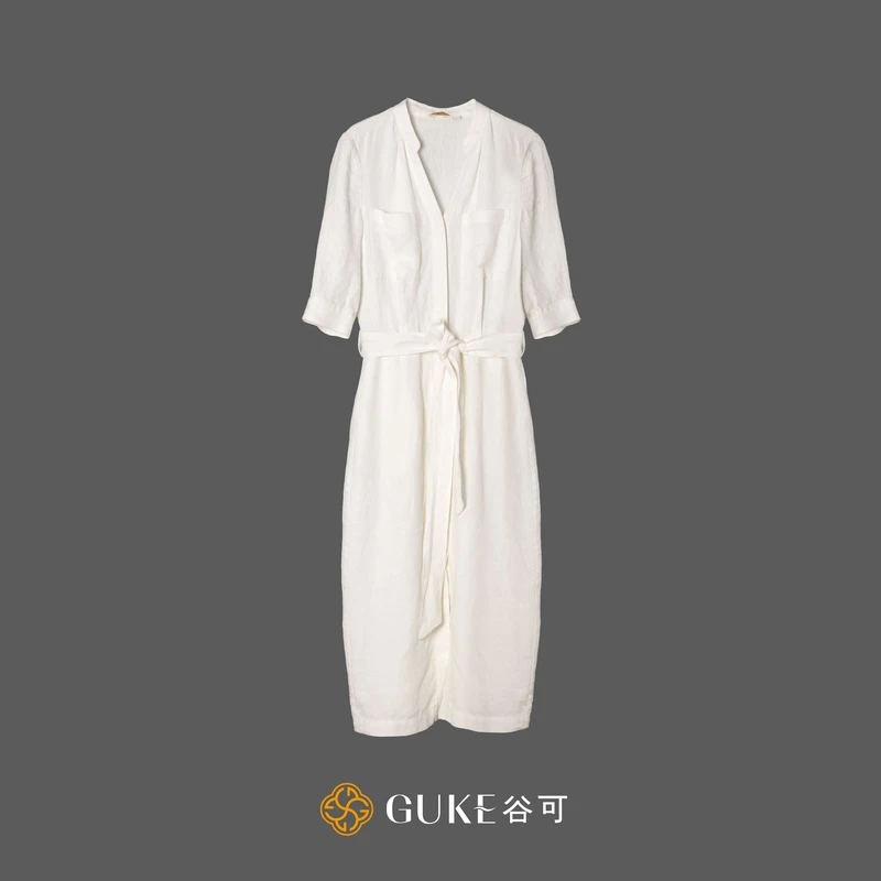 GKE/谷可LQ1392白色亚麻连衣裙2025夏季新款系带优雅收腰气质女装