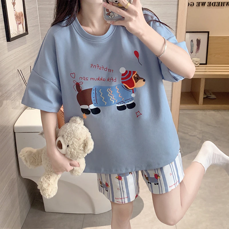 薄款睡衣女士夏季短袖短裤两件套套装卡通夏款家居服套装可外穿