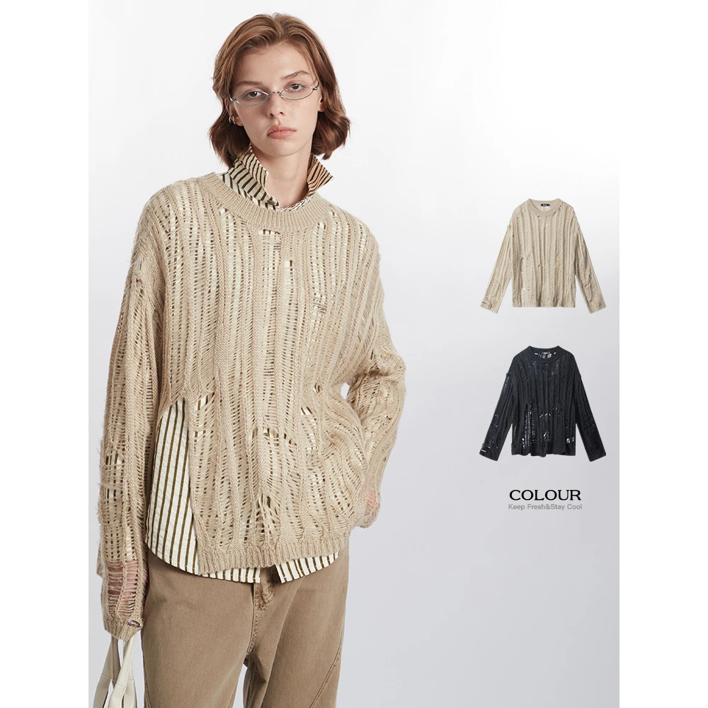 HeyHenry时髦新颖独特破洞设计长袖针织毛衣新款酷辣女孩外搭街头