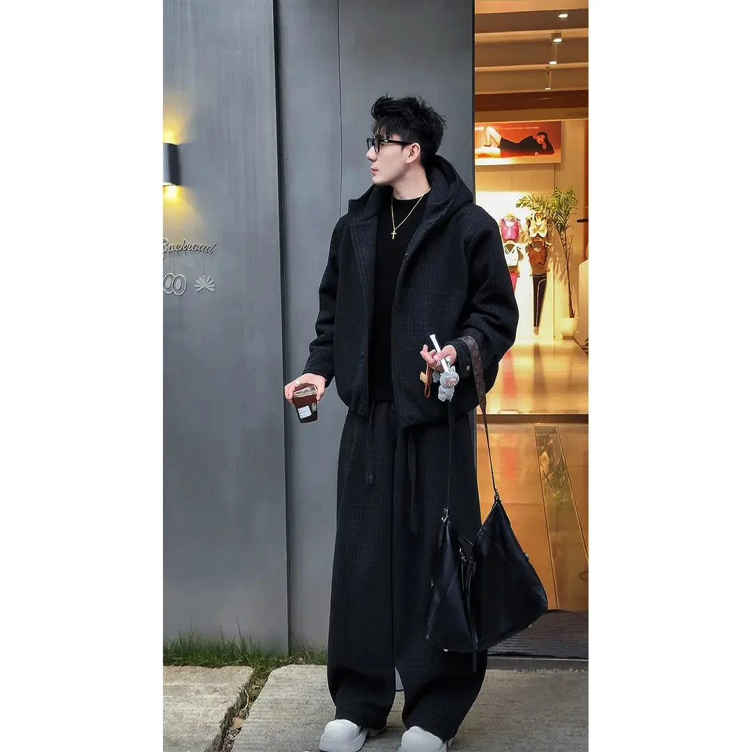 秋冬新品小众高级感羊毛格子棉服夹克套装男复古宽松百搭外套长裤