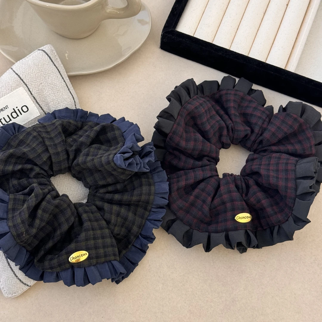 韩版复古学院风格纹肥肠圈褶皱个性发圈时尚撞色头花高级感发饰女