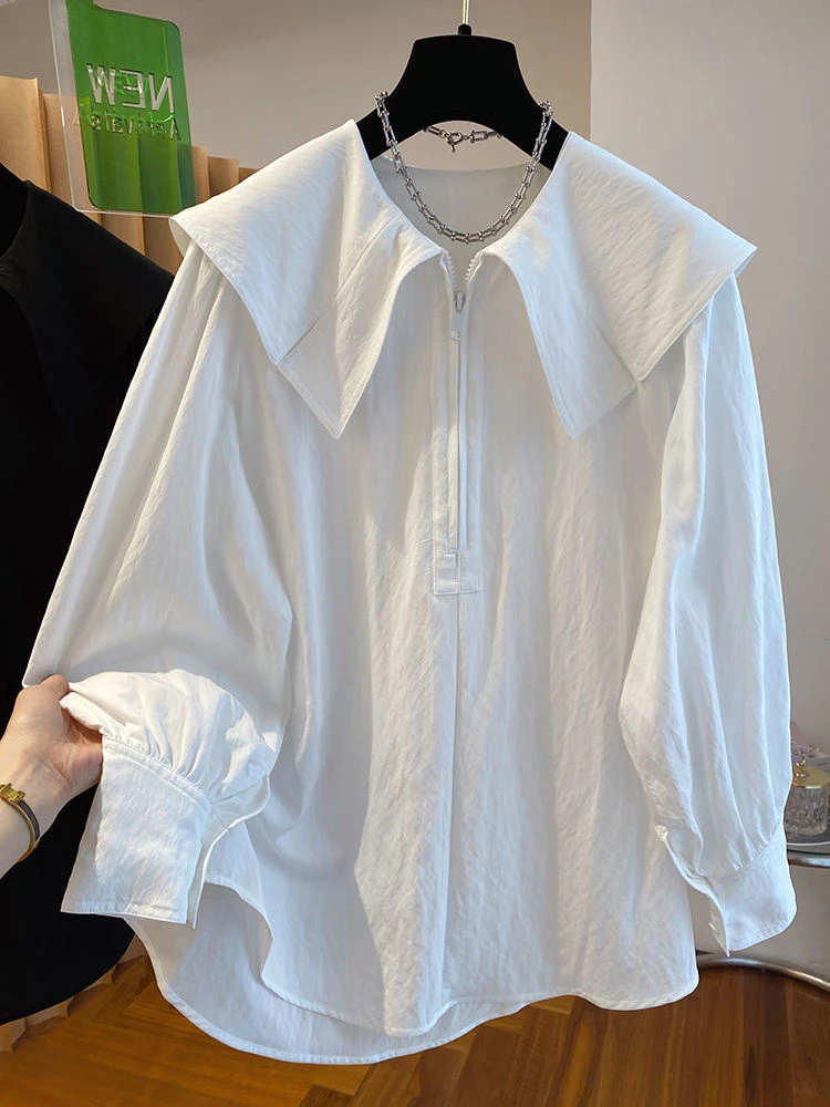 高级感白色大翻领衬衫女新款宽松中长款漂亮娃娃领上衣潮9925