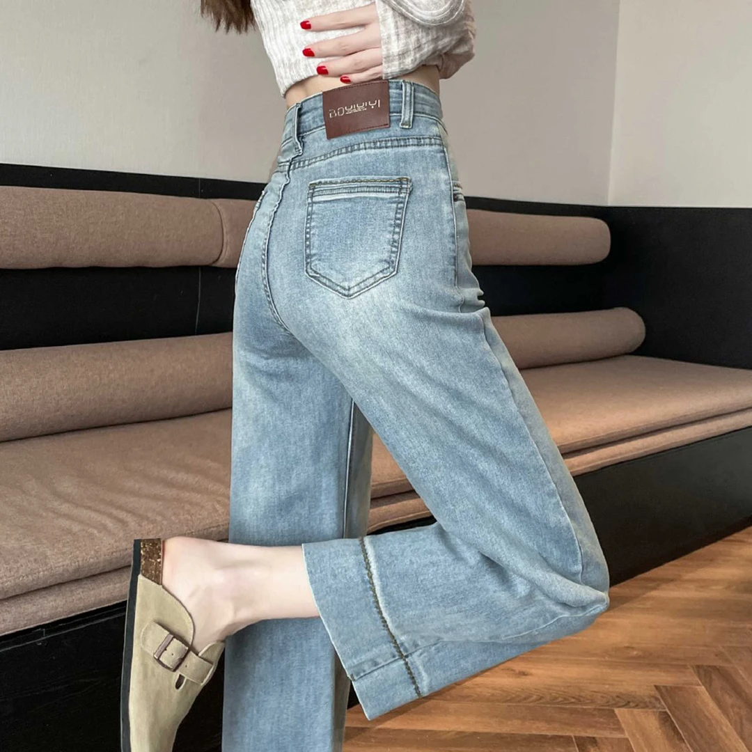 浅色直筒牛仔裤女春秋款小个子高腰宽松窄版水洗阔腿八分九分裤子