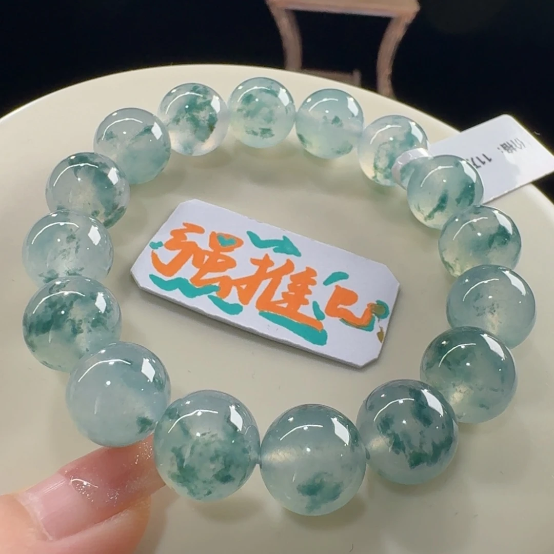 未镶嵌手串翡翠炸光！高冰飘蓝绿花串卡12.3 霸气！