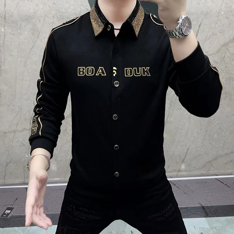 卡因耶查男士翻领烫钻卫衣秋冬款时尚休闲长袖潮流修身印花上衣