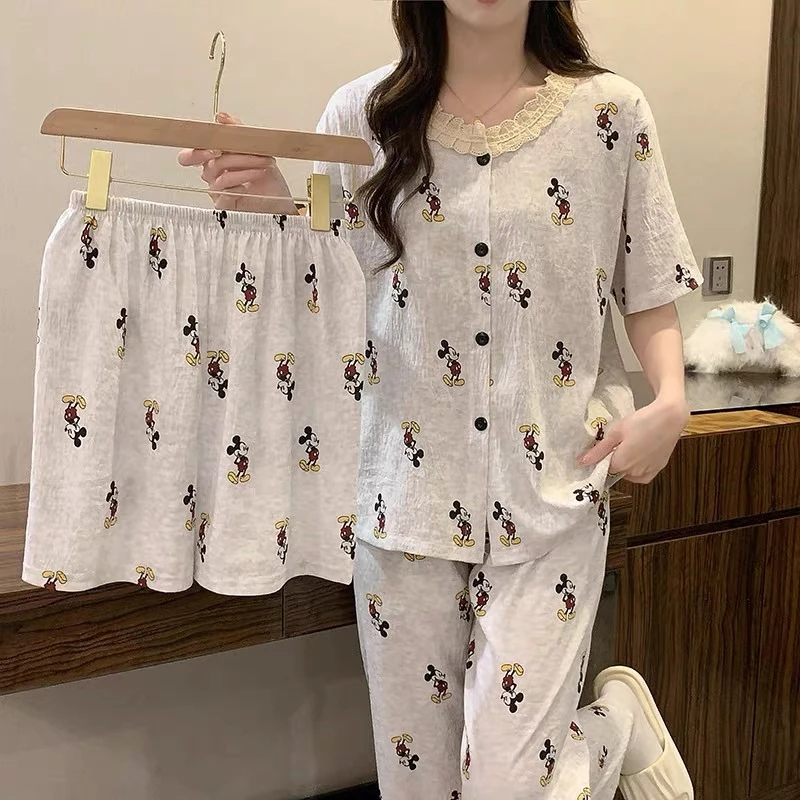 9920 三件套睡衣卡通蕾丝圆领花边短袖长裤可爱甜美套装