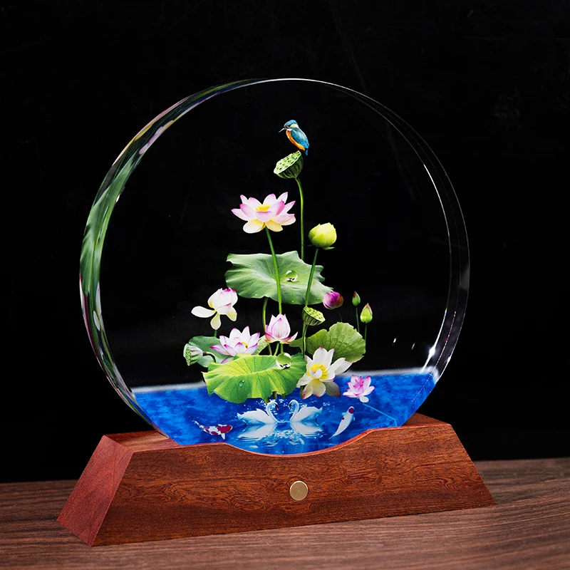 N539 荷荷美美内雕圆形水晶摆件玄关客厅装饰摆件【带电源线】