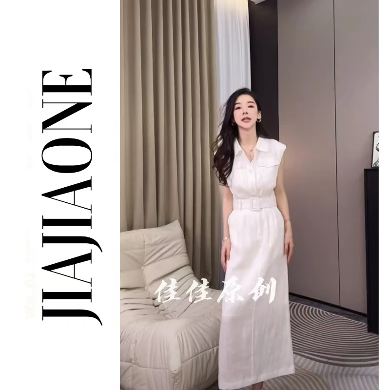 【佳美儿服饰】夏季新款休闲气质收腰无袖翻领工装风连衣裙（送丝巾）