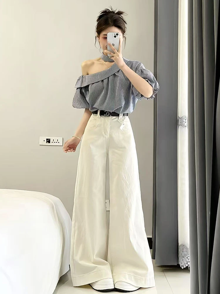 2025夏季新款法式气质职场通勤穿搭格纹斜肩衬衫高腰阔腿裤两件套