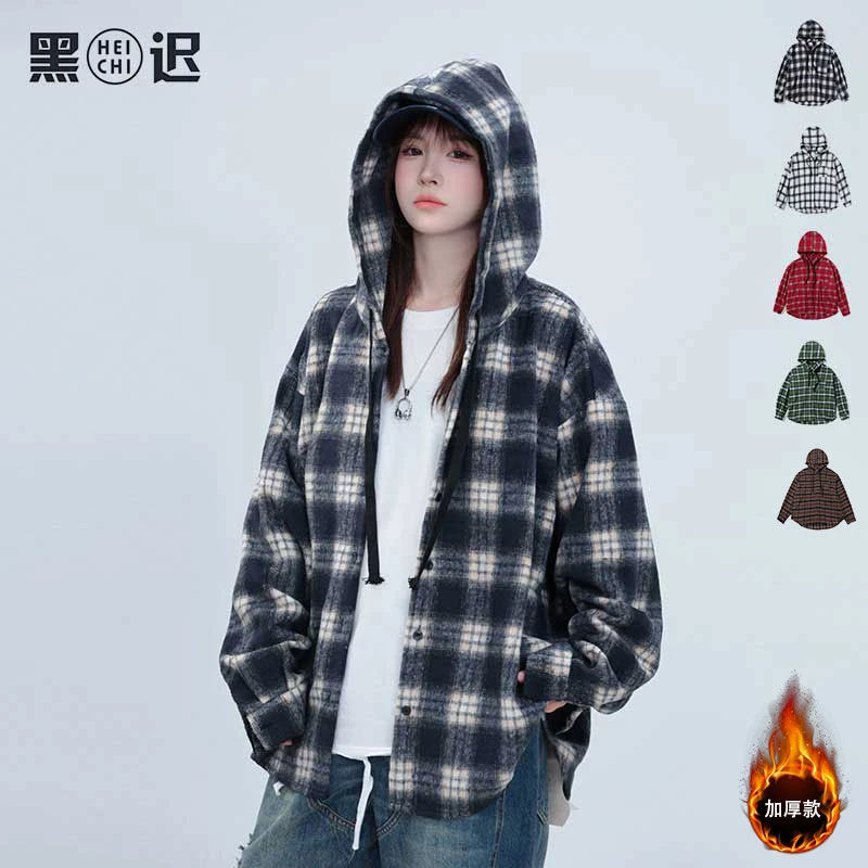 港味格子连帽衬衫外套男女春秋2025年新宽松慵懒风中长款休闲上衣