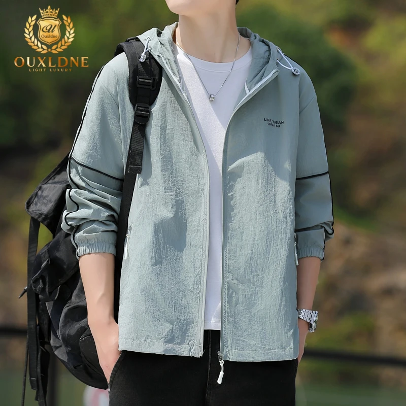 OUXLDNE 冰防晒衣男夏季轻薄款运动夹克户外钓鱼服皮肤衣连帽外套