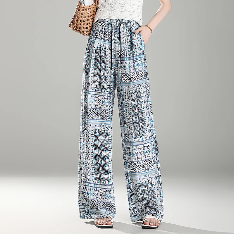 时髦印花阔腿裤女高腰夏季薄款透气凉感度假风宽松直筒休闲长裤子