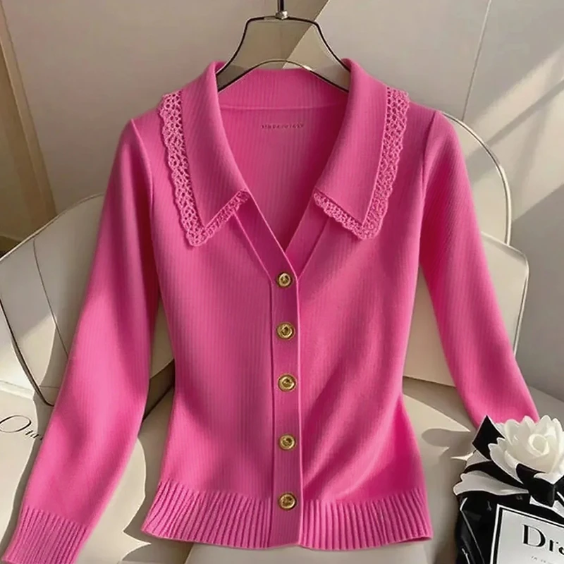 打底纯欲慵懒风女装粉色蕾丝花边针织衫早秋季新款感洋气长袖显瘦