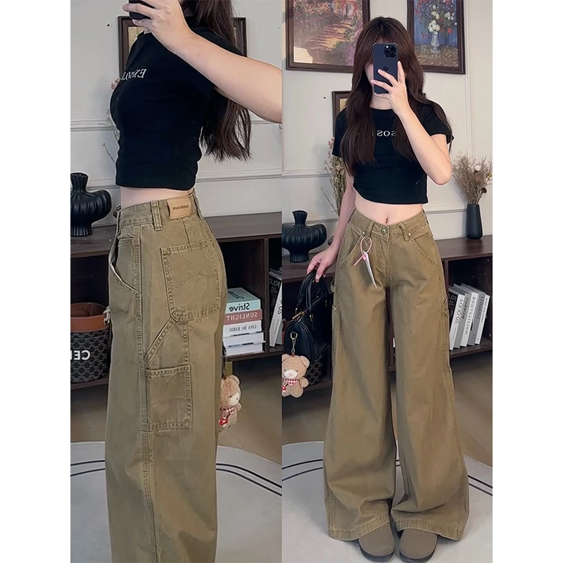 美式多口袋工装牛仔裤女2025早秋新款深卡其高腰宽松阔腿拖地长裤