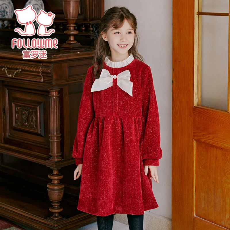 富罗迷女童连衣裙波点网纱裙加绒保暖小女孩公主裙子F3D9104L