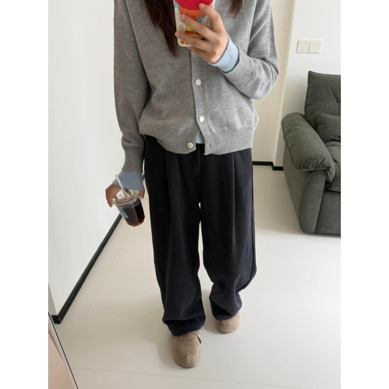 深蓝灰慵懒风垂感直筒裤女秋季新款胖mm梨形身材木棉绒宽松休闲裤