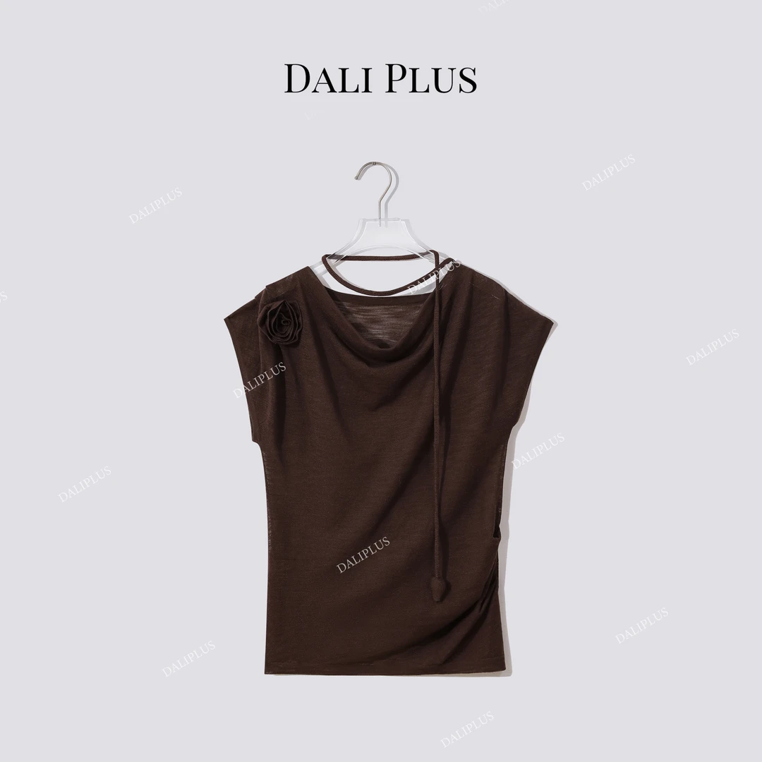 DALI PLUS“立体花朵+飘带”荡领无袖休闲纯色背心上衣-D5MM2254