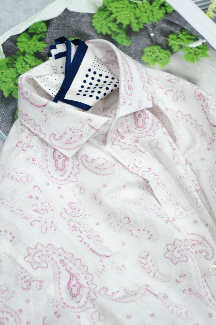 K春夏男亚麻长袖印花奢华风腰果花尖领衬衫时尚上衣男装修身6629