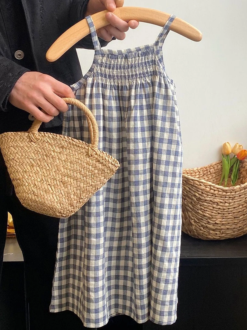 2025夏季新款森系女童格子吊带裙