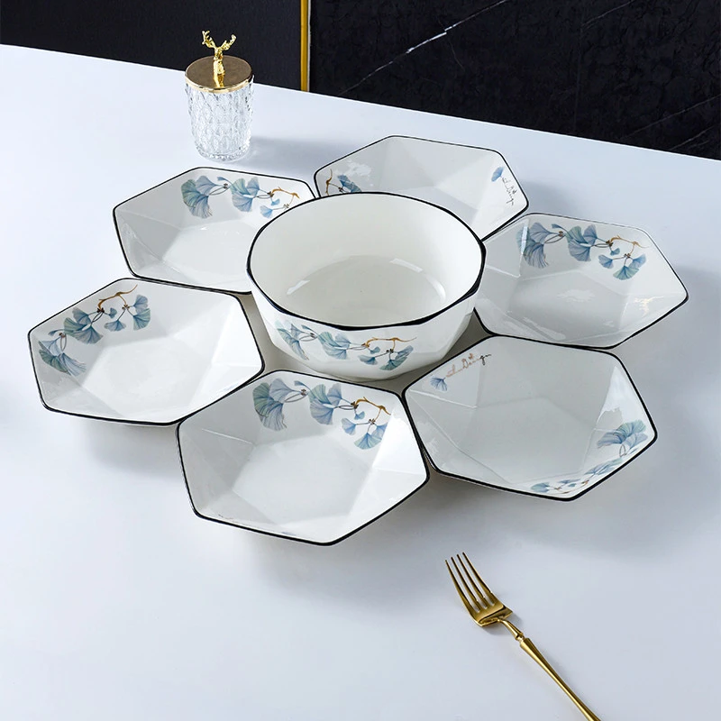 北欧风盘子菜盘家用2025新款六角拼盘餐具高颜值陶瓷汤碗创意组合
