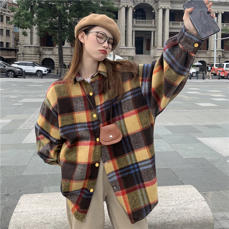 韩版复古撞色磨毛格子衬衫女2025新款秋冬中长款加绒加厚上衣外套