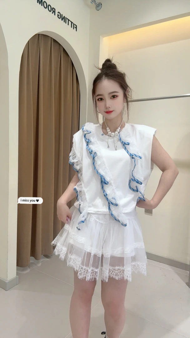 大观欧货设计感简约休闲时尚休闲度假风女性荷叶边无袖领上衣潮流