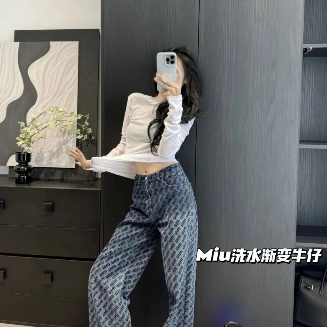 TSKM2025秋季冬款设计感字母印花牛仔裤女宽松显瘦百搭高腰阔腿拖