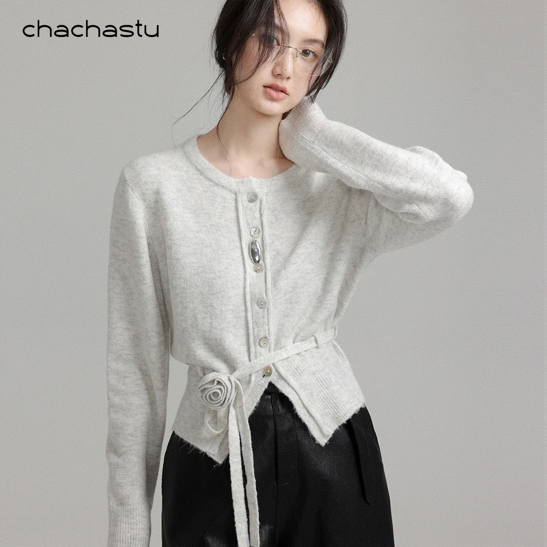 CHACHASTU手作玫瑰腰带 软绵绵触感合体腰廓形针织衫 CC7729