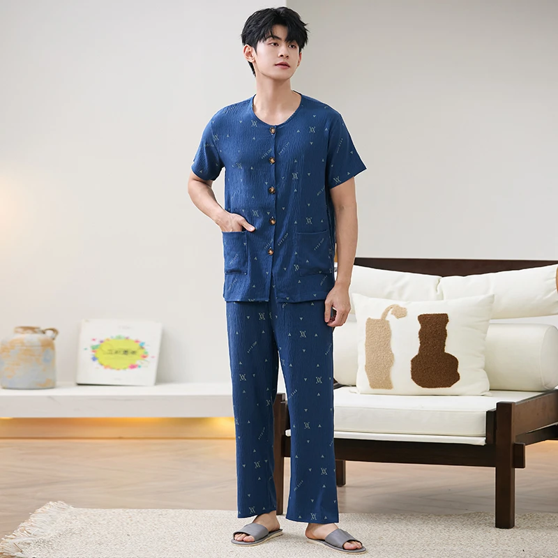 植物花卉男长裤短袖夏季休闲睡衣长袖中年家居服男士棉绸宽松上衣