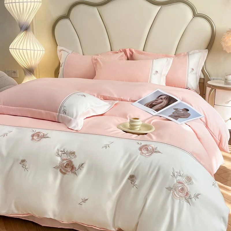 四季款简约亲肤棉四件套轻奢公主风花卉刺绣被套床品床笠款套件4