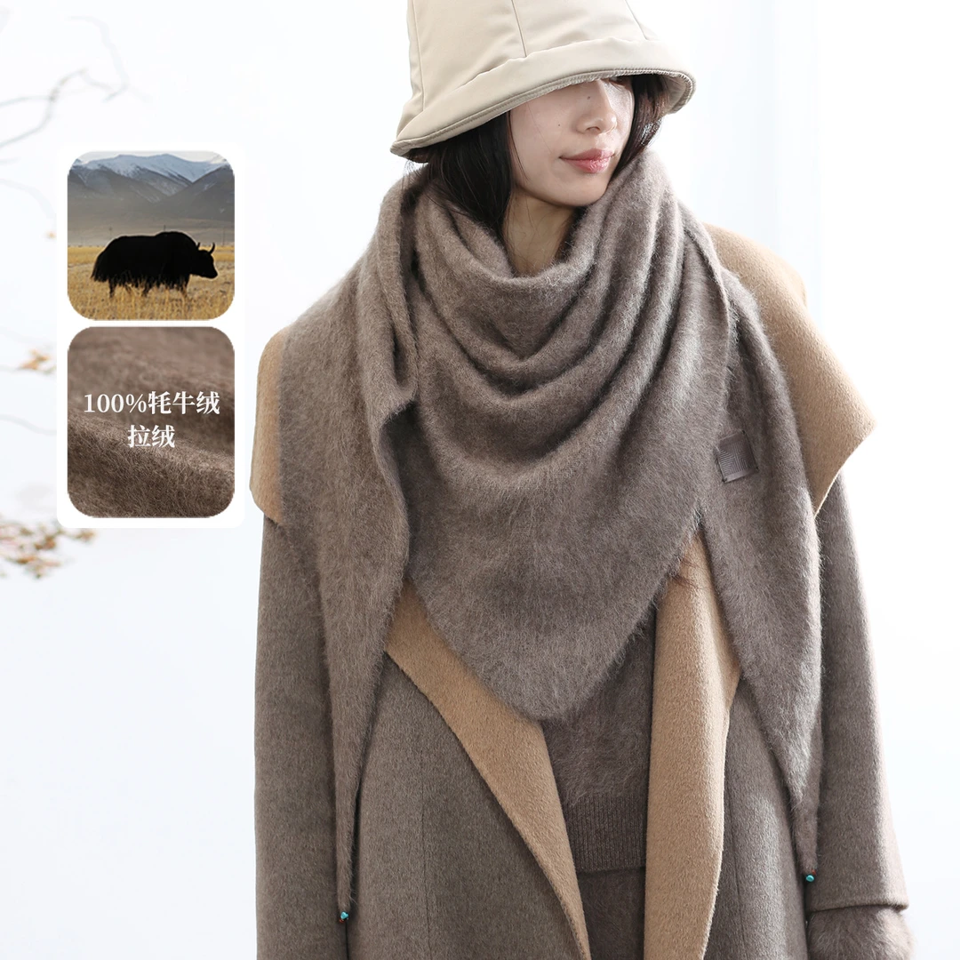 饮水鸟25冬藏地祥纹100牦牛拉绒针织三角巾围巾钉珠保暖披肩围脖