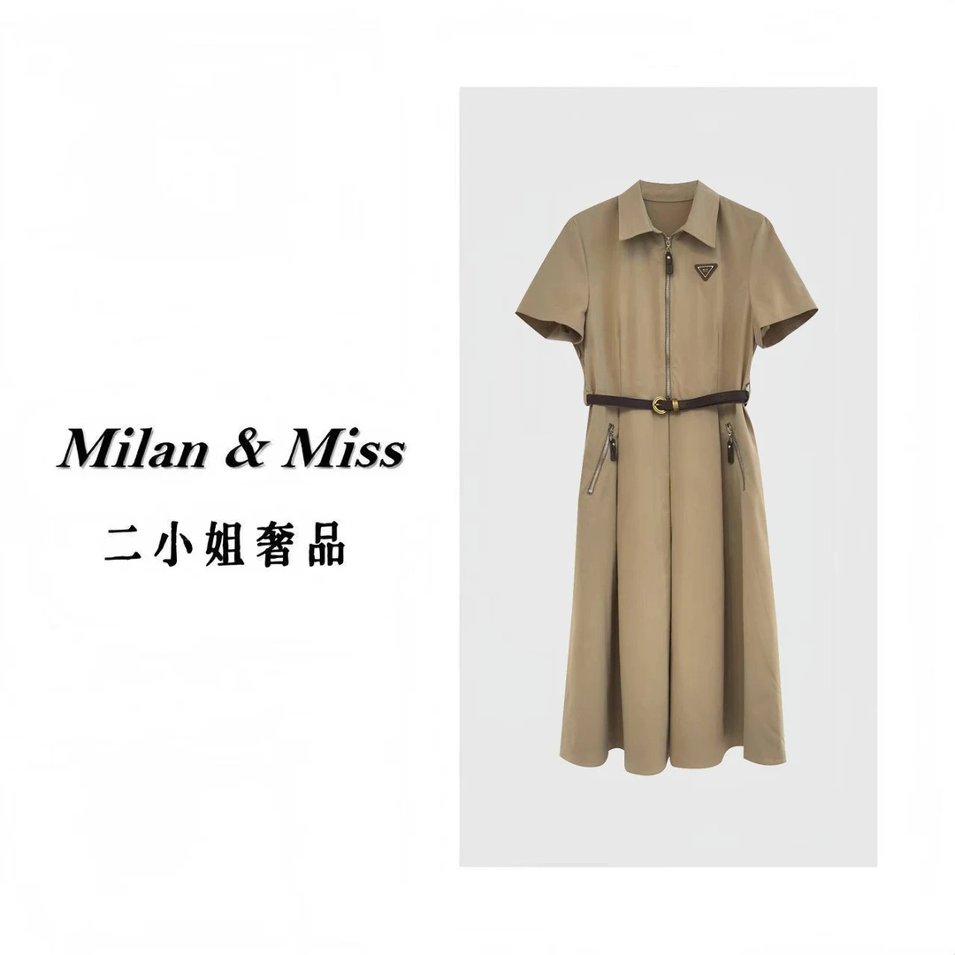 2025新款时尚卡其色短袖拉链连衣裙腰带装饰尽显飒爽魅力6693